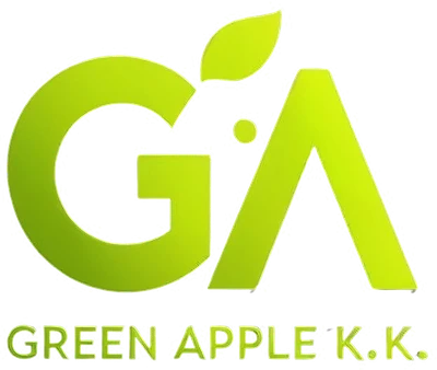 グリーンアップル株式会社のロゴ（GA と緑のりんごの葉、GREEN APPLE K.K.）